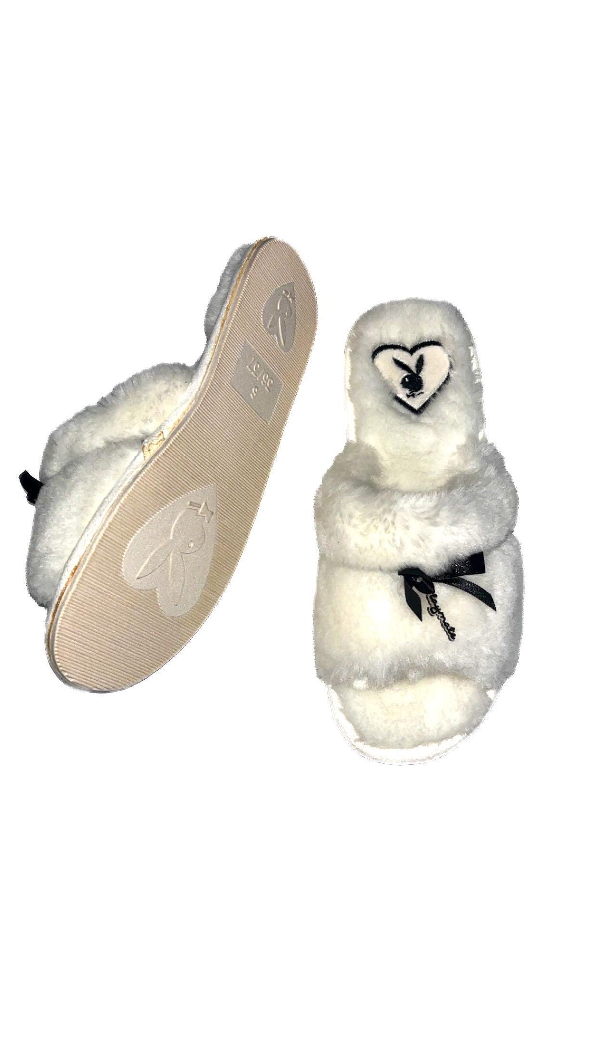 Playboy Posh White Faux Fur Slippers with Black Bows – Size S, New in Box