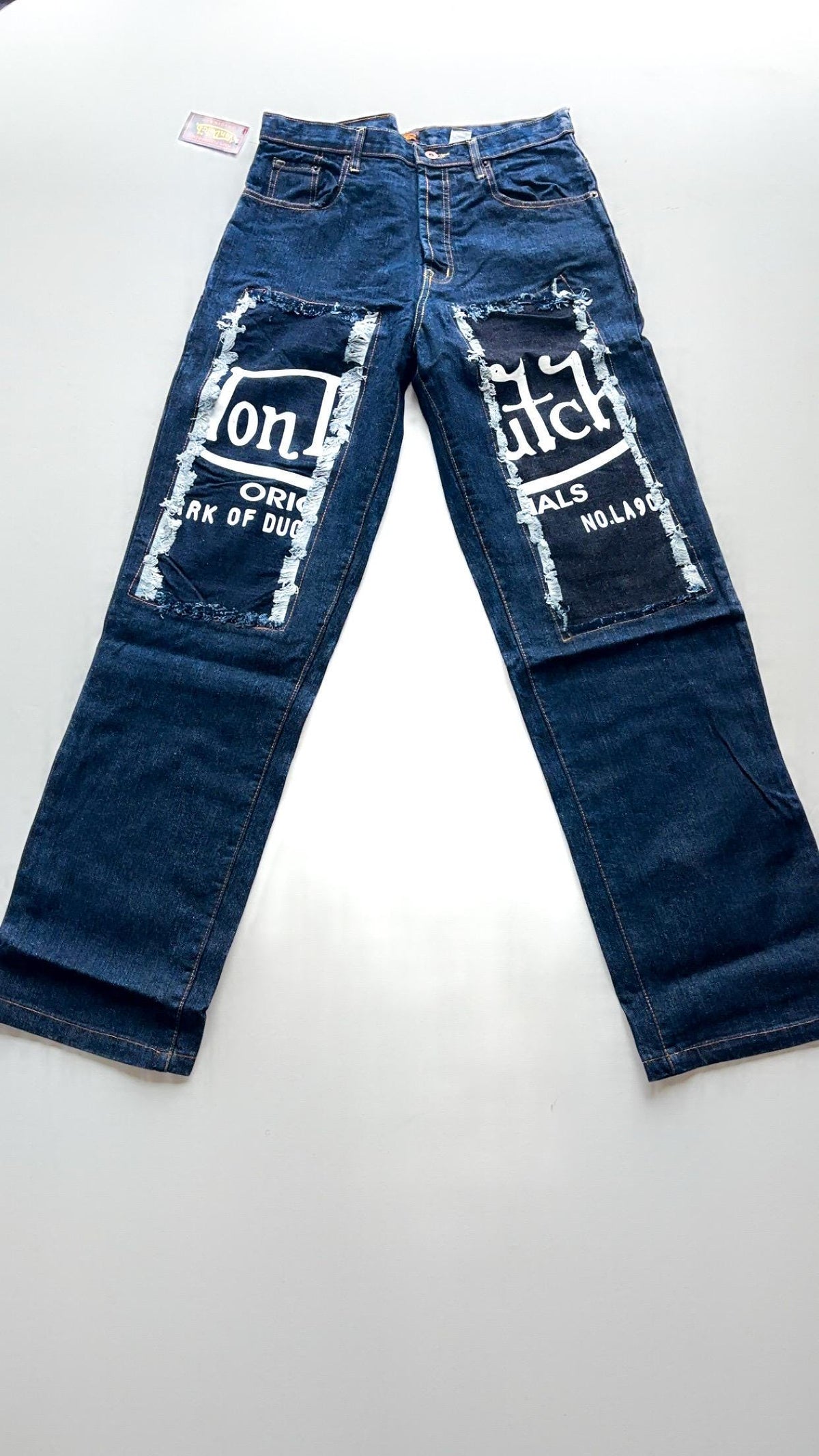 Von Dutch Kustom Blue Frayed Logo-Panel Jeans – Size 34, New With Tags