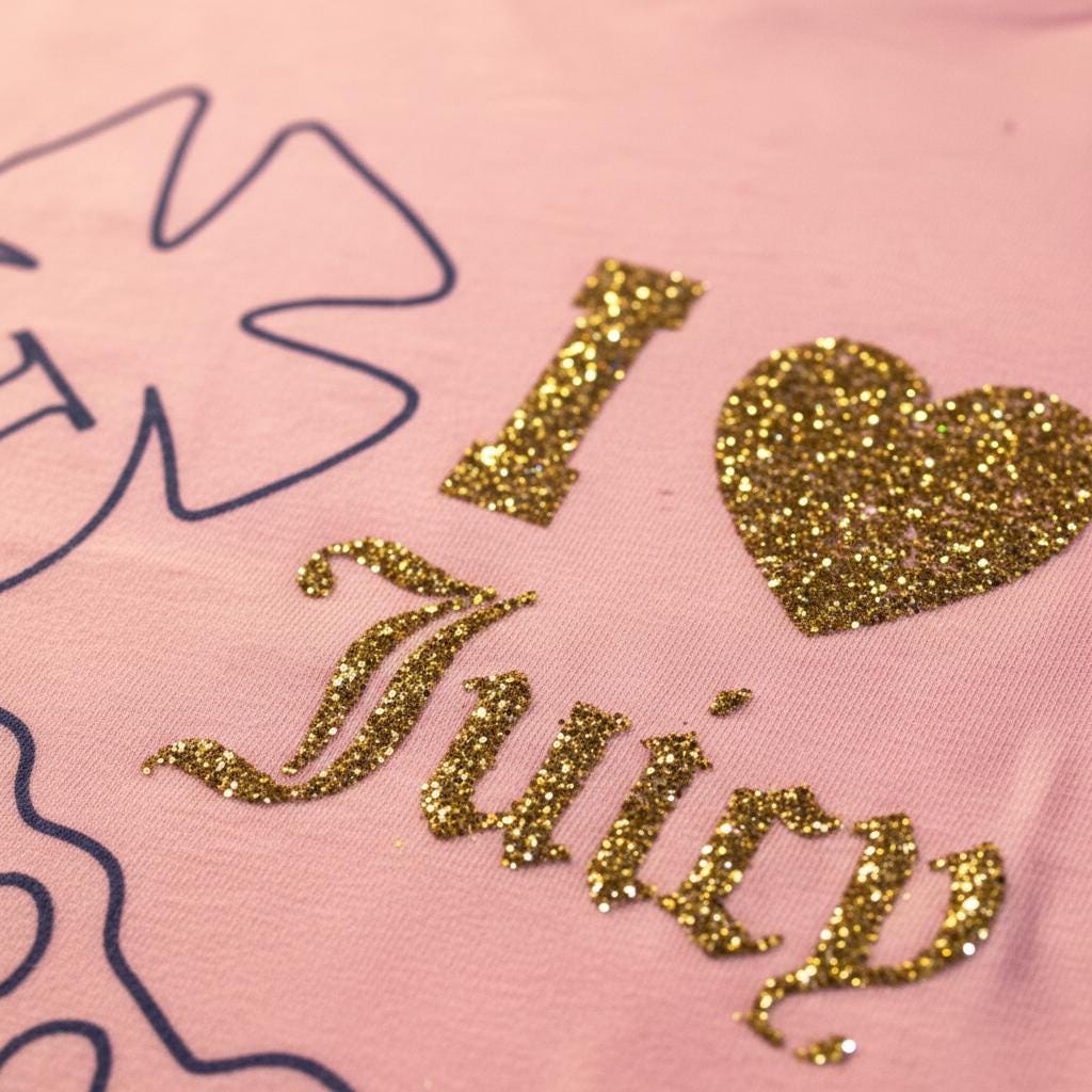 Juicy Couture ピンク “I Love Juicy” グリッタークラウンTシャツ – Mサイズ、タグ付き新品