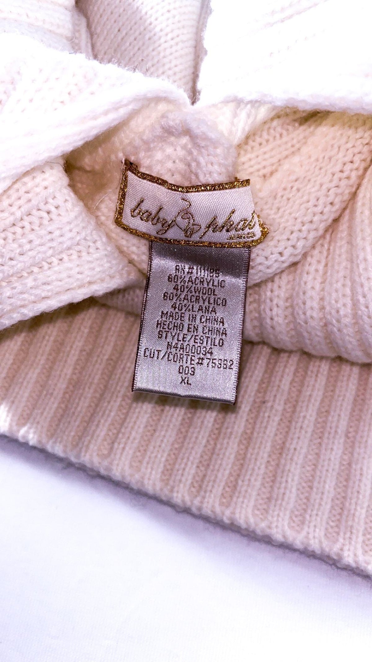 Baby Phat White Cable-Knit Fold-Over Jumper – XL, New Without Tags