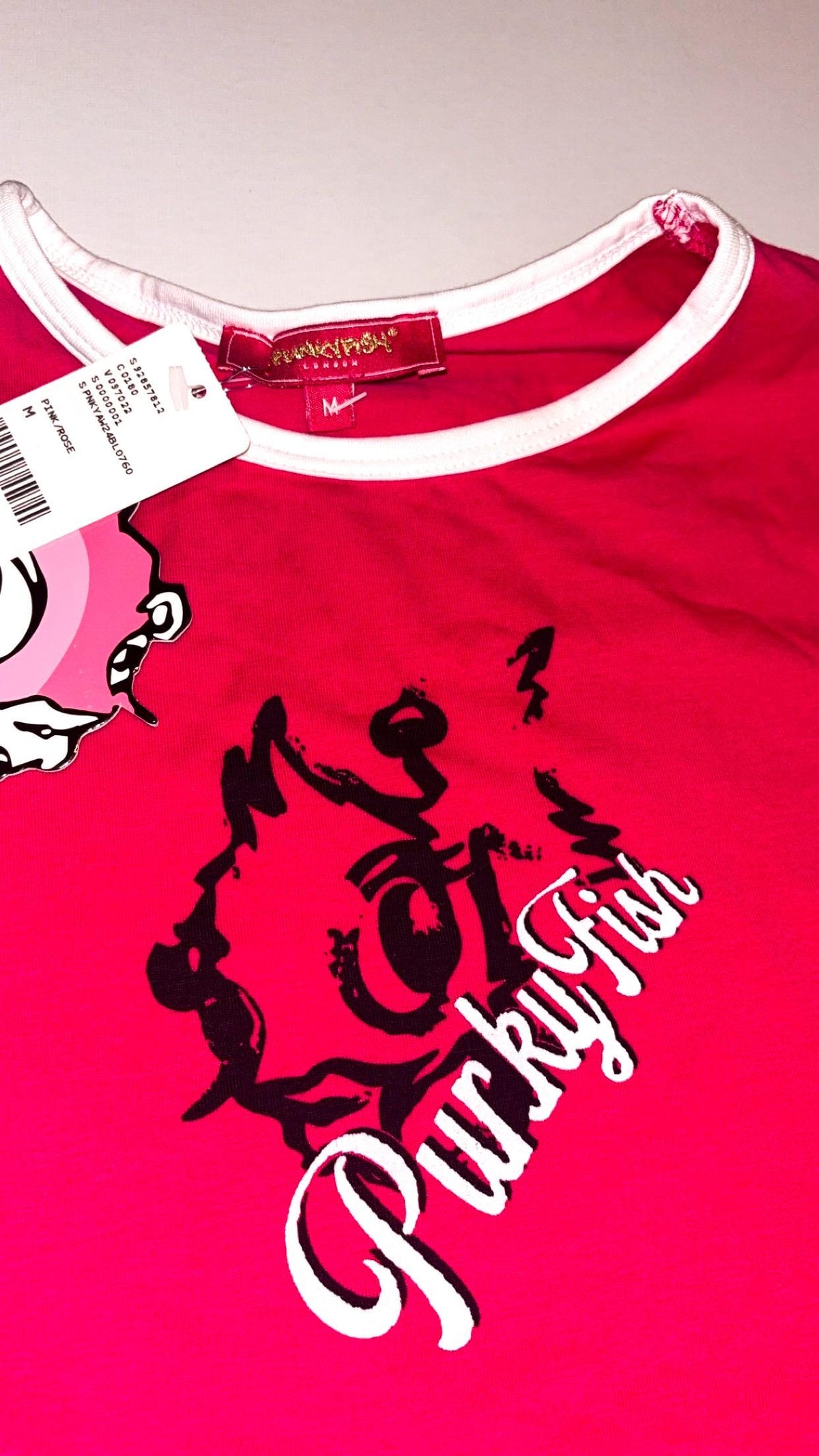 Camiseta de mascota rosa fucsia con ribete de Punky Fish – Talla pequeña, nueva con etiquetas
