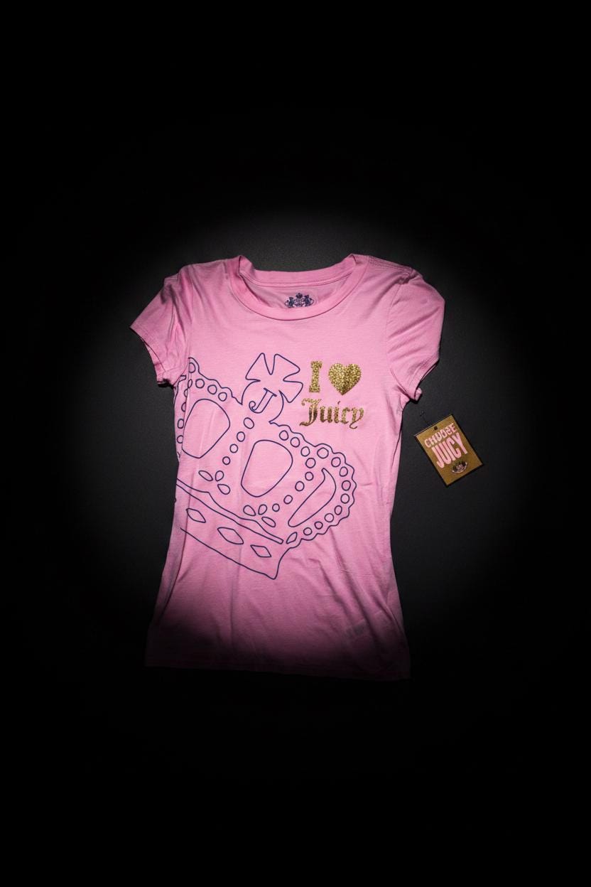 Juicy Couture Pink “I Love Juicy” Glitter Crown Tee – Medium, New With Tags
