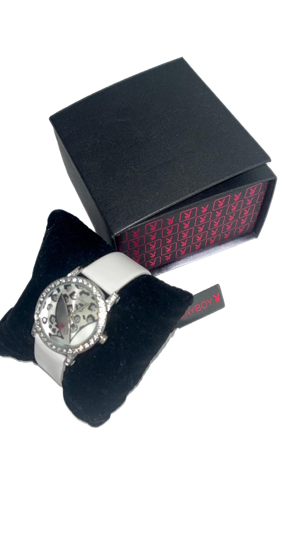 Orologio da polso Playboy con stampa leopardata in stile diamanté – Cinturino bianco, nuovo con cartellini