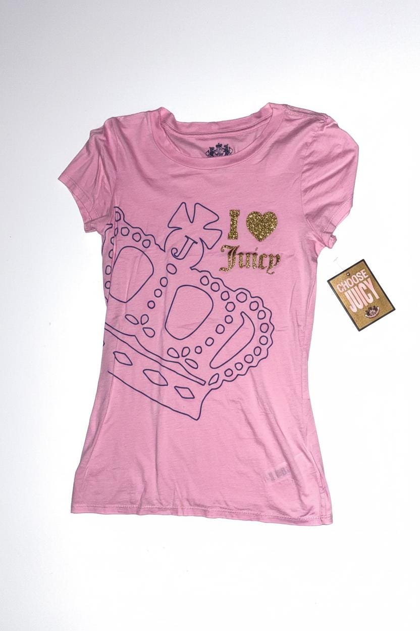 Juicy Couture Pink “I Love Juicy” Glitter Crown Tee – Medium, New With Tags