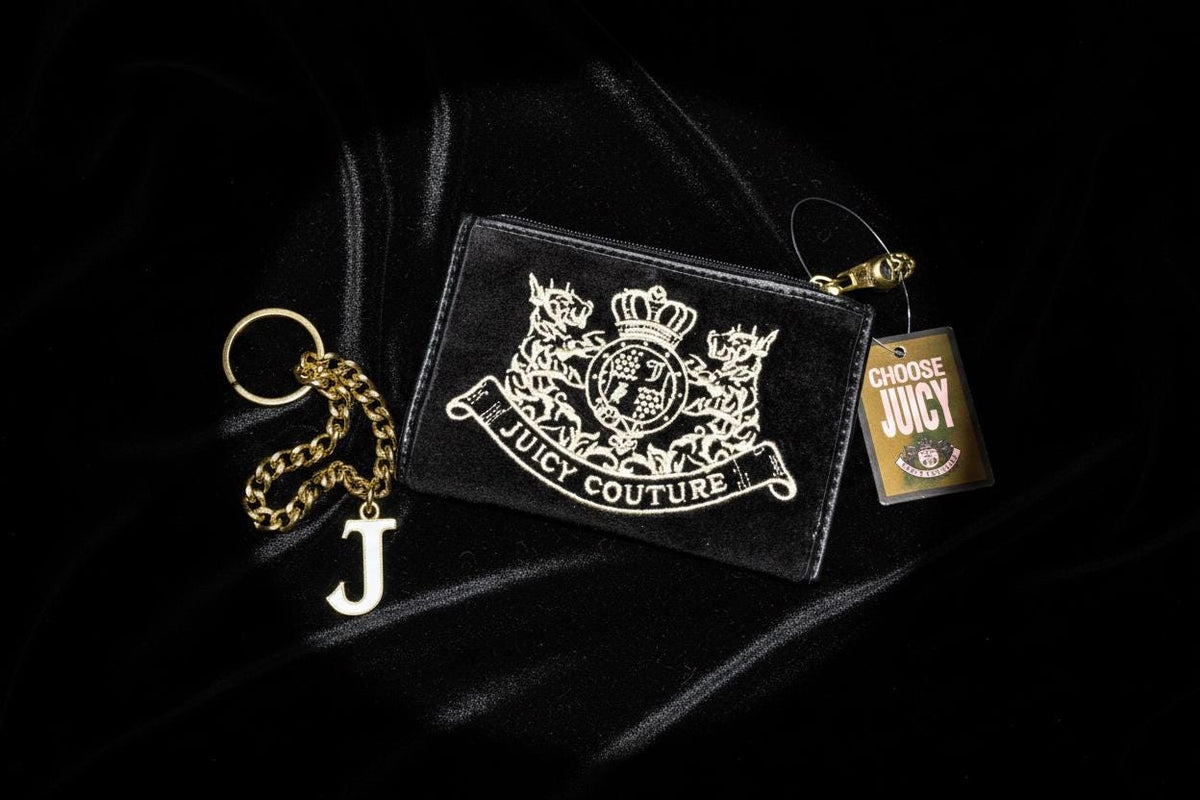 Juicy Couture Black Velour Crest Coin Purse with Keyring – With Tags