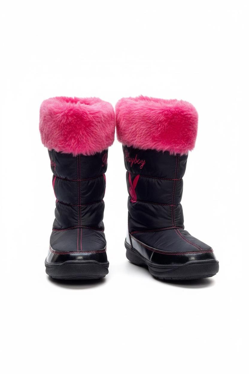 プレイボーイ ブラック＆フューシャ ウィンターブーツ (2010年) – UKサイズ6、新品・箱付き