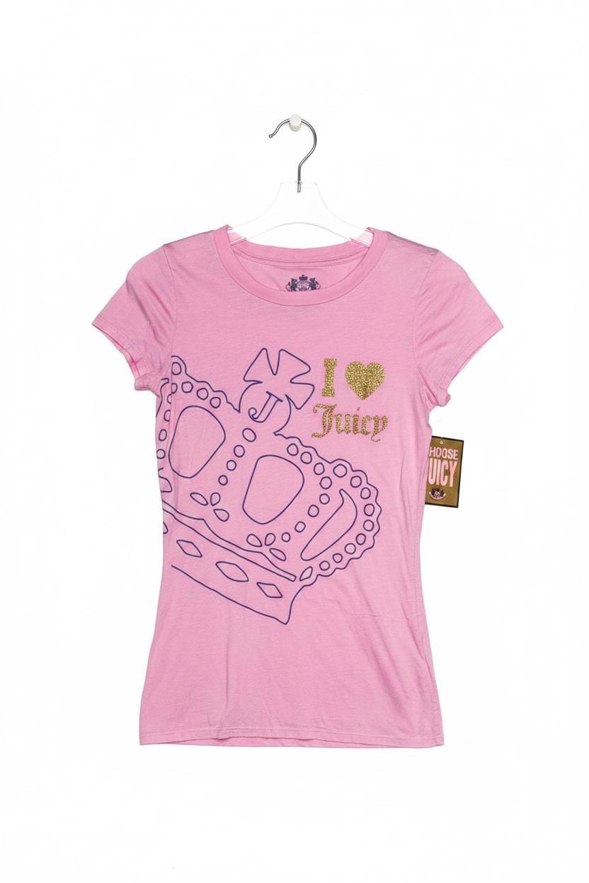 Juicy Couture Pink “I Love Juicy” Glitter Crown Tee – Medium, New With Tags