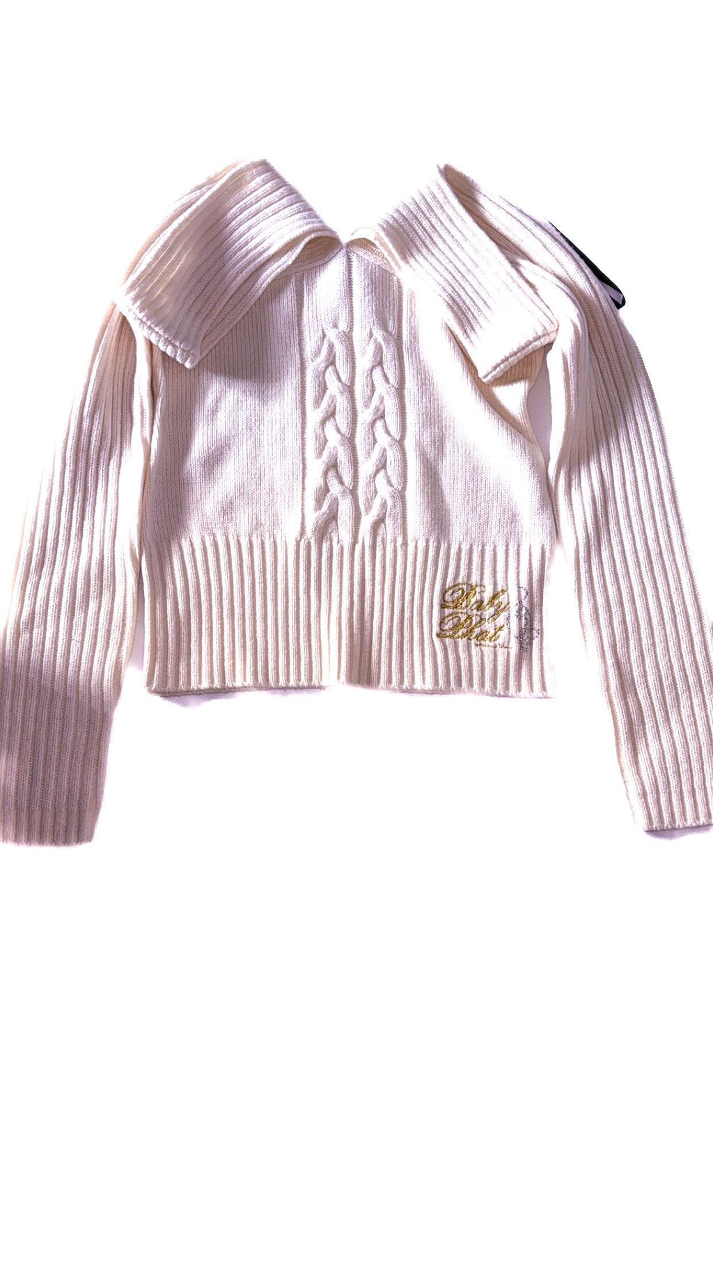Бял пуловер Baby Phat с плетка на плитки и подгъващи се ръкави – XL, нов, без етикети