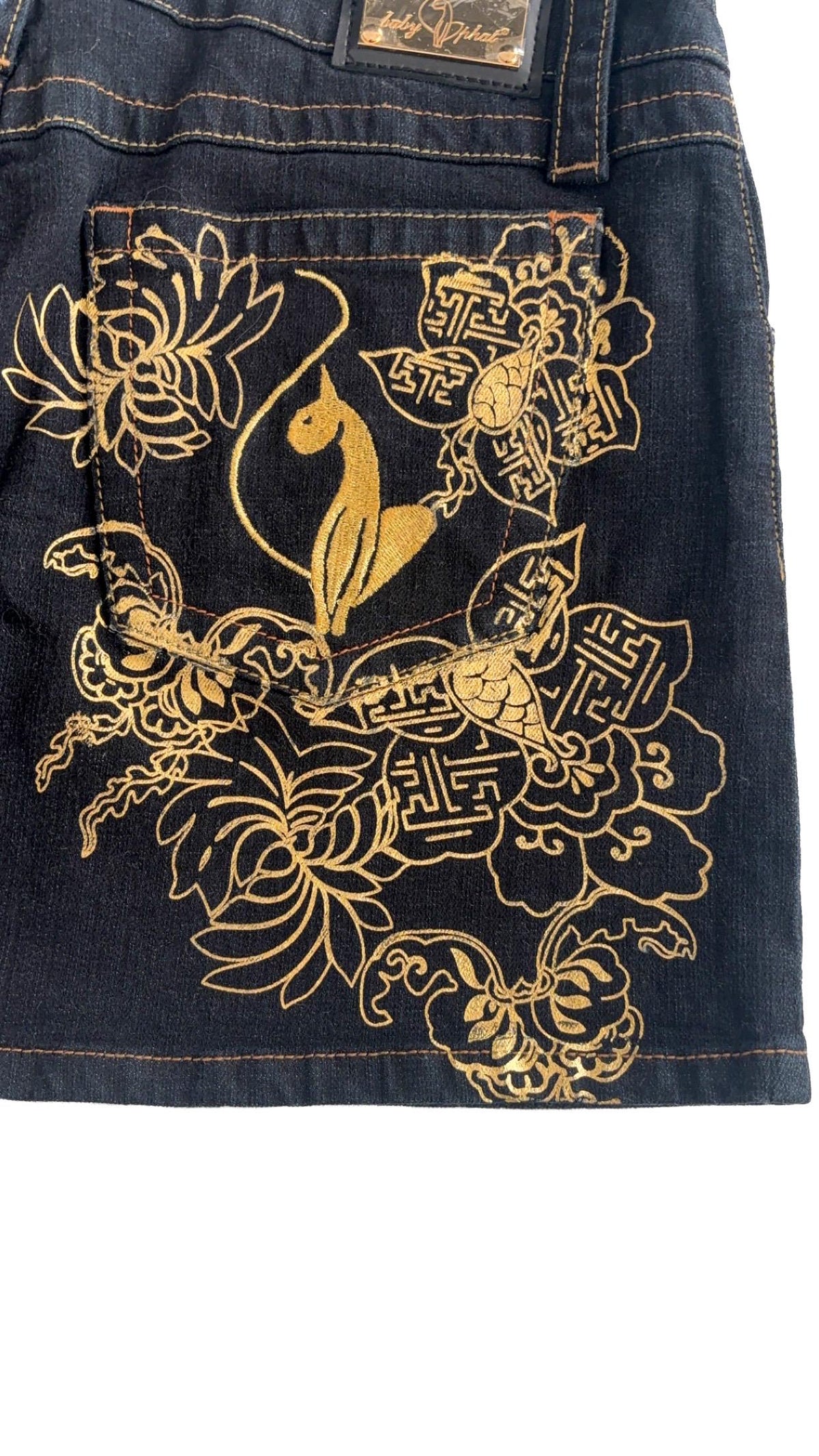 Baby Phat Gold-Embroidered Denim Mini Skirt – UK 14 / US 9, New With Tags