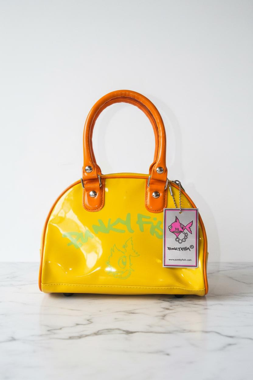 Bolso Bowler brillante amarillo y naranja de Punky Fish – Vintage, nuevo con etiquetas