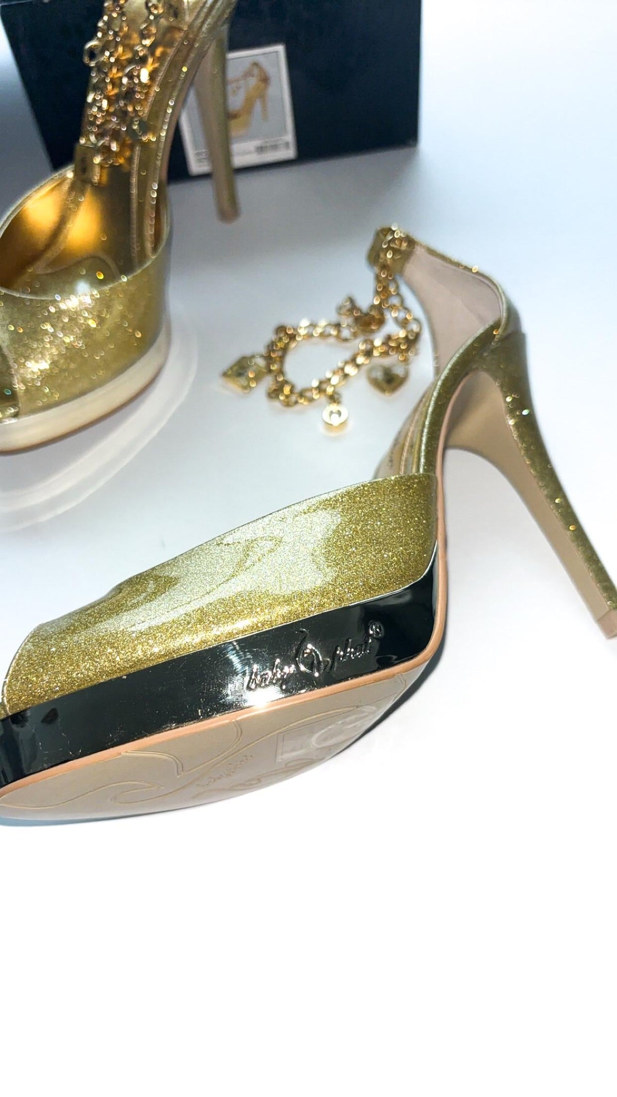 Baby Phat Gold-Tone Peep-Toe Platform Charm Anklet Heels – Original Packaging