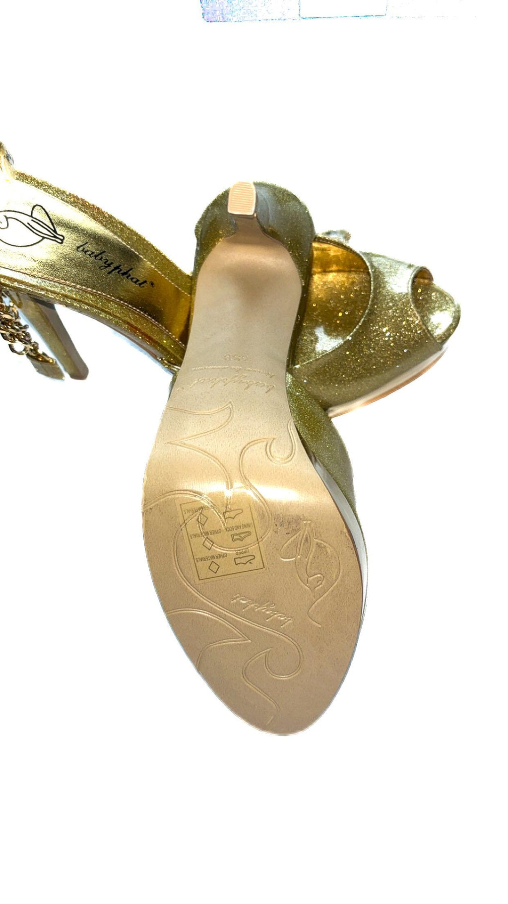 Baby Phat -kultasävyiset peep-toe-platform-korukorkokengät nilkkaketjulla – alkuperäispakkauksessa