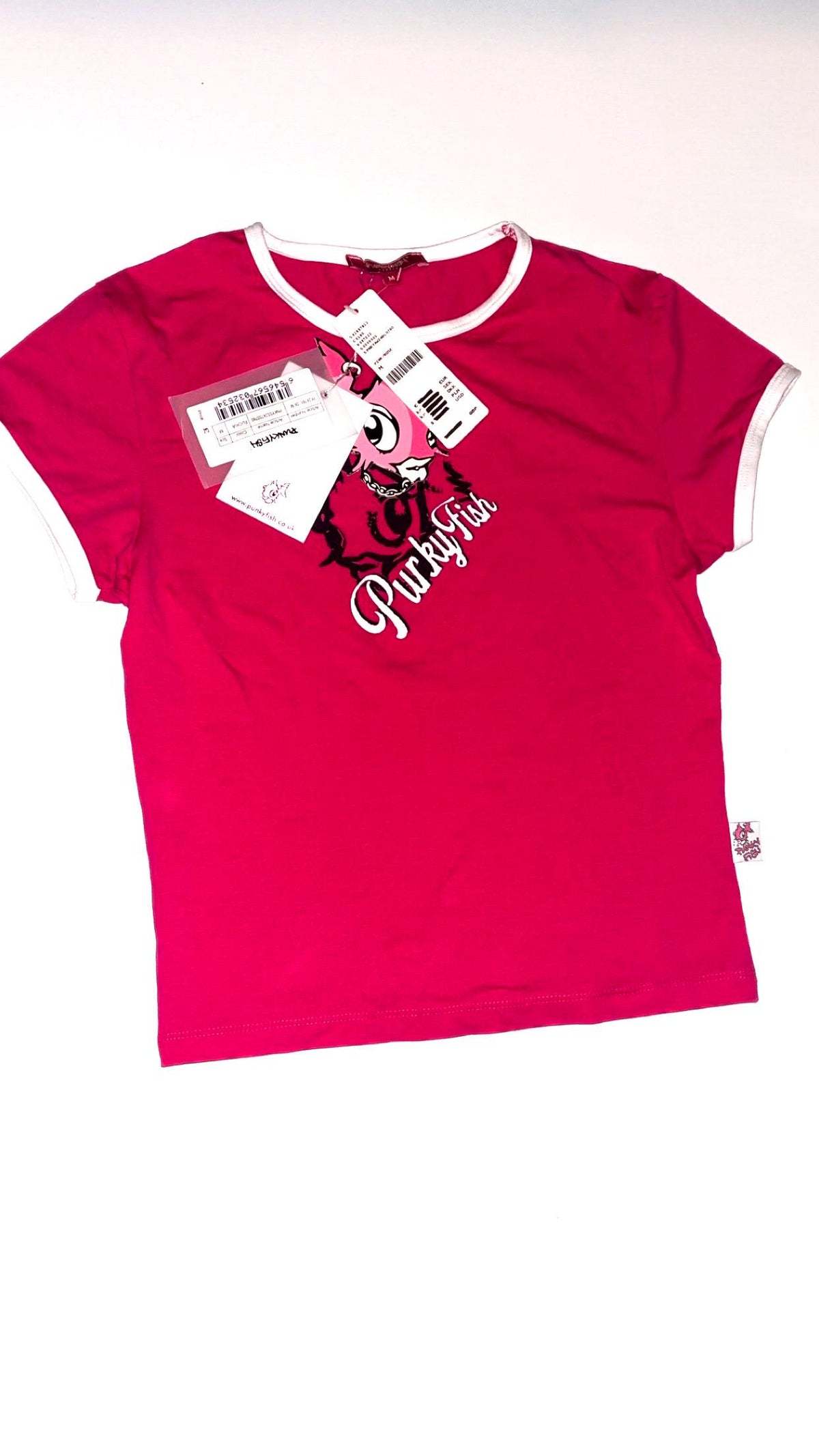 Camiseta de mascota rosa fucsia con ribete de Punky Fish – Talla pequeña, nueva con etiquetas