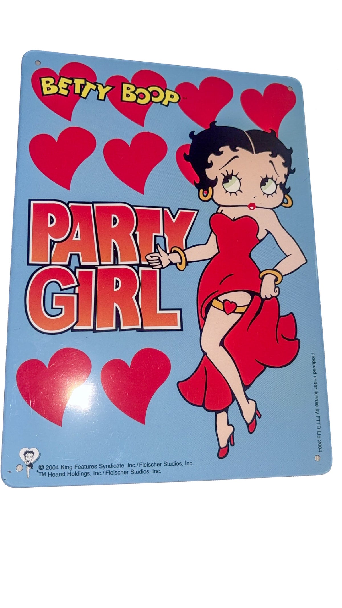 Betty Boop Party Girl Metal Wall Sign – Blue & Red Hearts