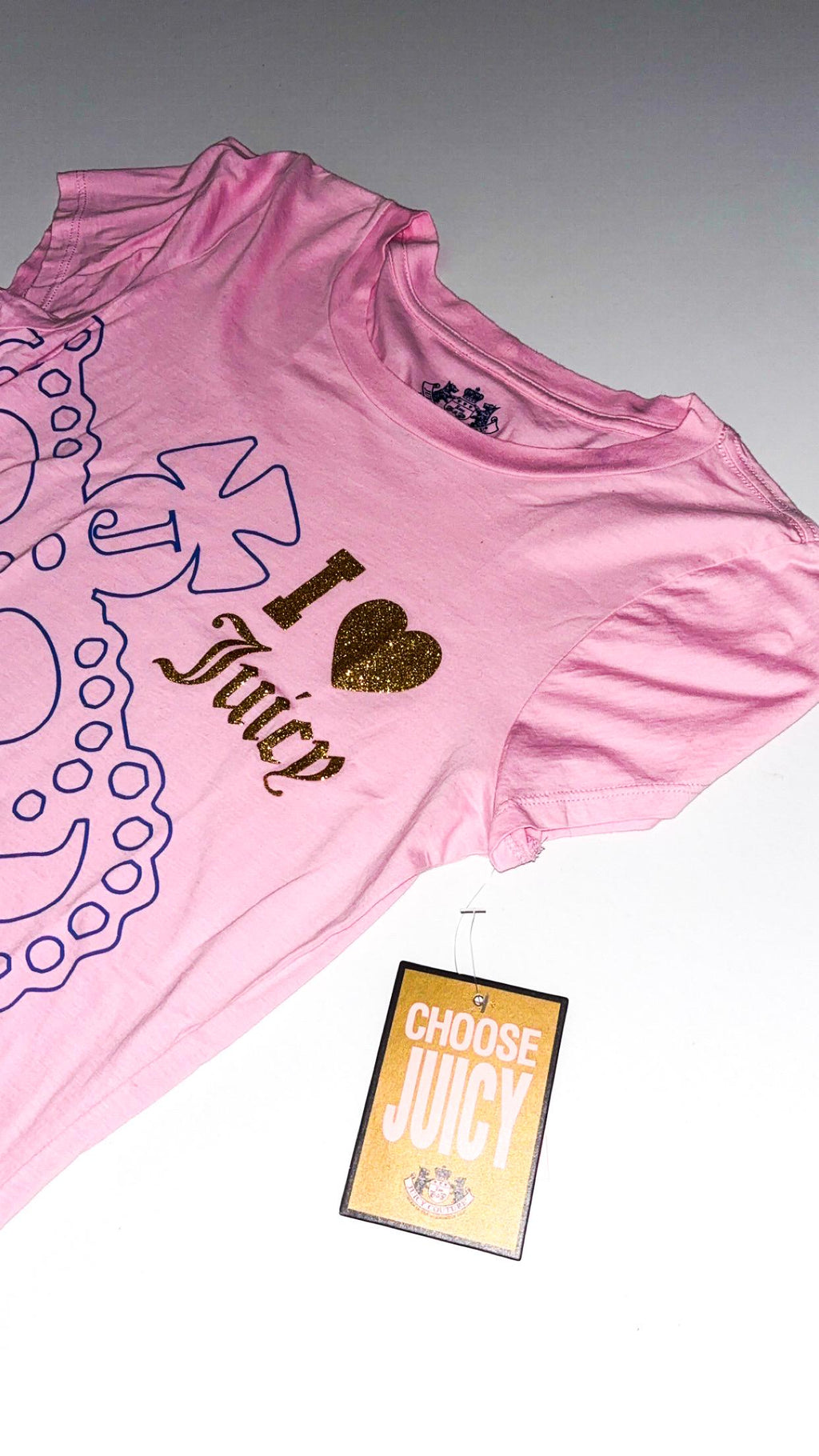 Juicy Couture ピンク “I Love Juicy” グリッタークラウンTシャツ – Mサイズ、タグ付き新品