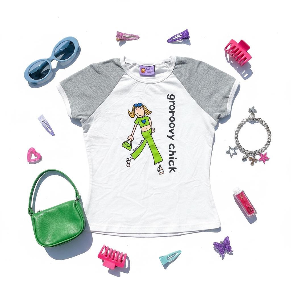 Santoro Groovy Chick T-shirt raglan bianca e grigia (1999) – Nuova con cartellini
