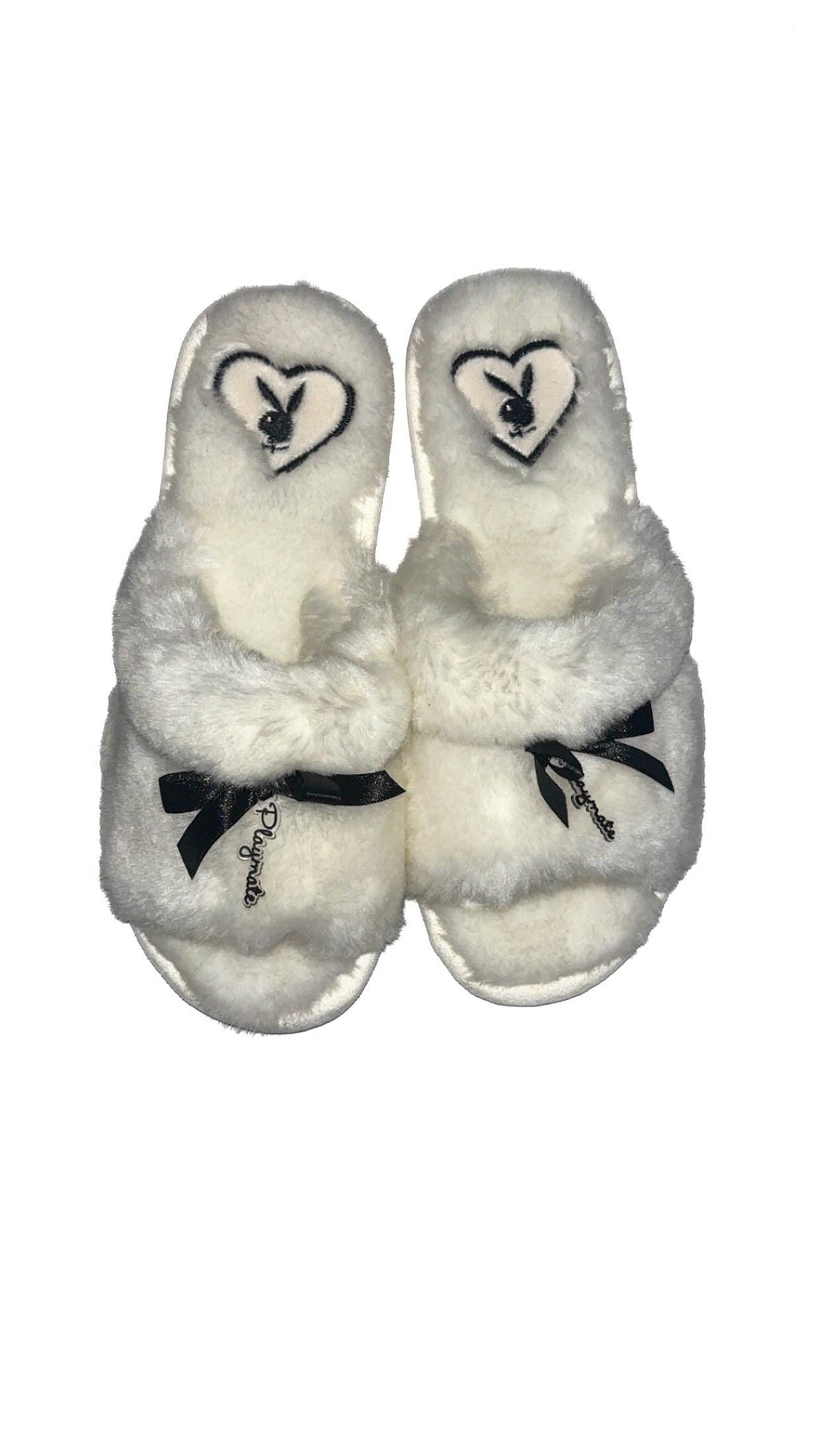 Playboy Posh White Faux Fur Slippers with Black Bows – Size S, New in Box