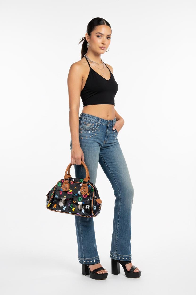 Playboy Black Multicolour Rabbit Monogram Handbag – Refurbished