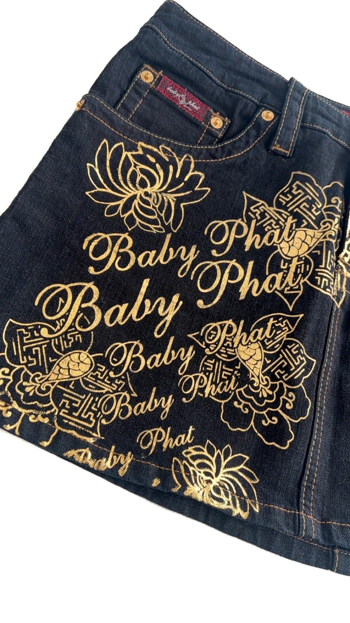 Baby Phat Gold-Embroidered Denim Mini Skirt – UK 14 / US 9, New With Tags