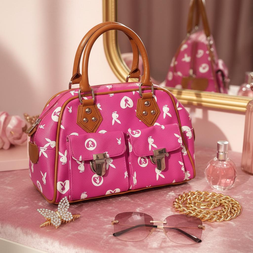 プレイボーイ ピンク＆ホワイト ラビットモノグラム ハンドバッグ – リファビッシュ品