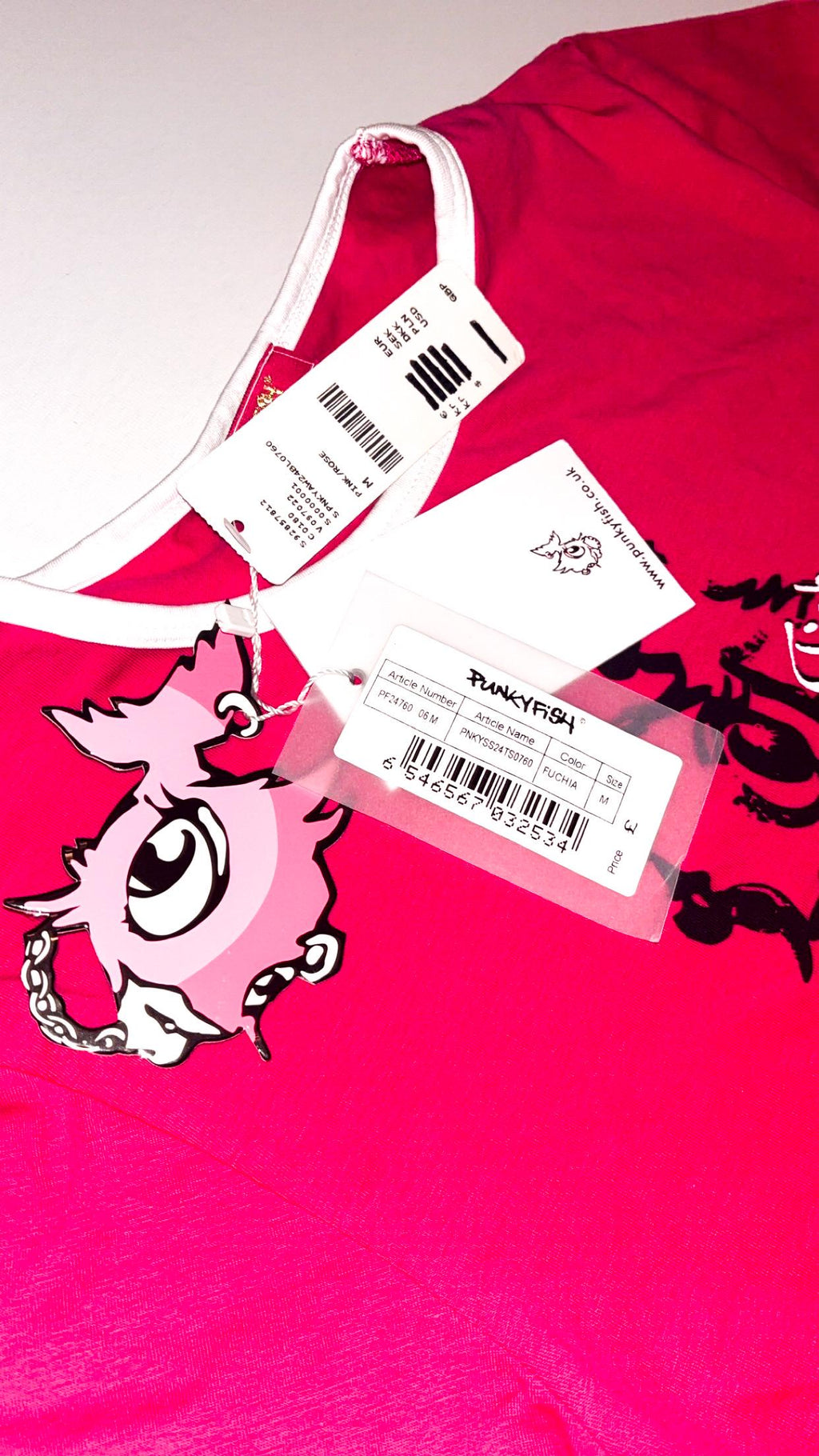 Punky Fish Fuchsia Pink Ringer Mascot T-Shirt – Small, New With Tags