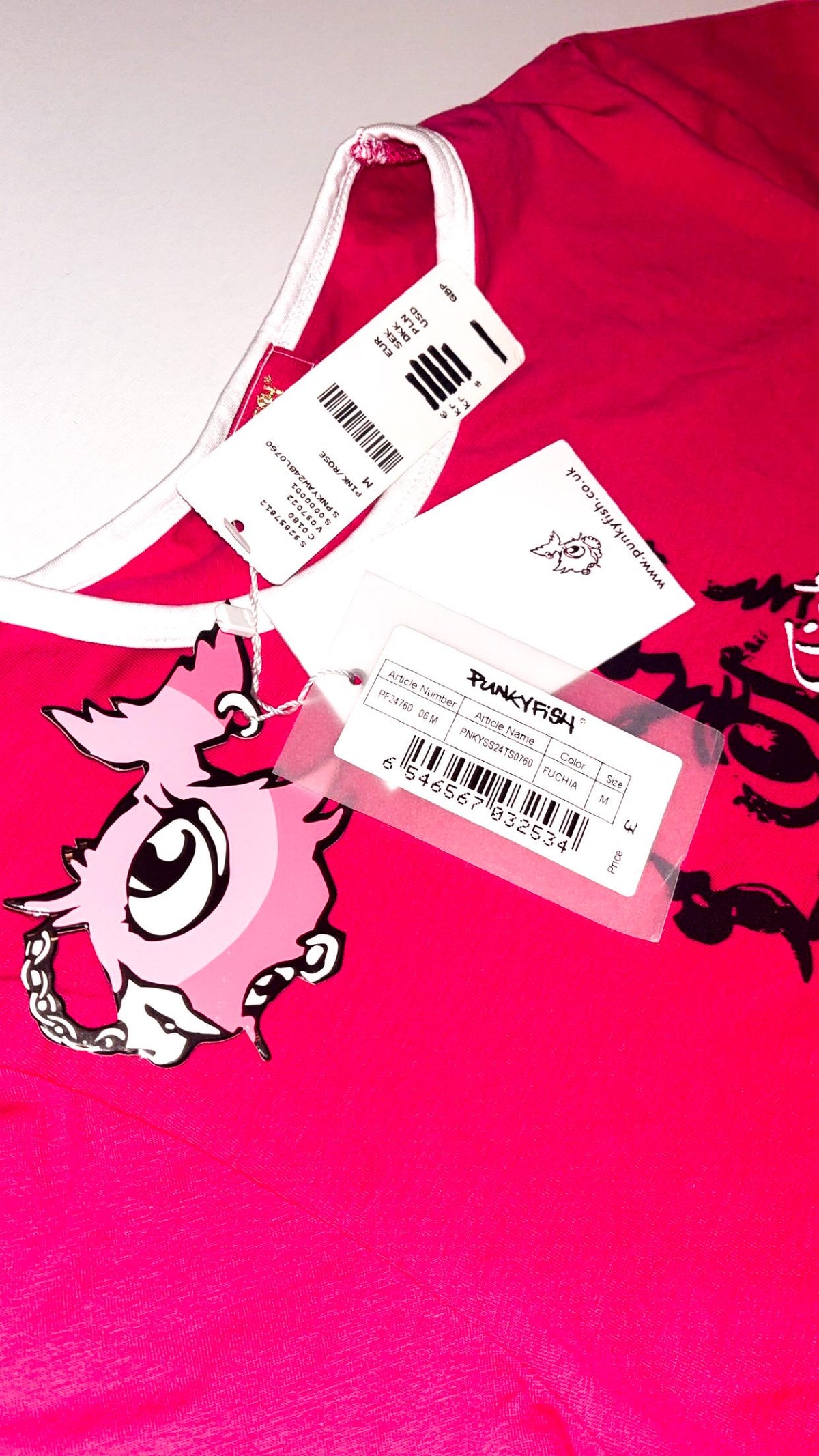 Camiseta de mascota rosa fucsia con ribete de Punky Fish – Talla pequeña, nueva con etiquetas