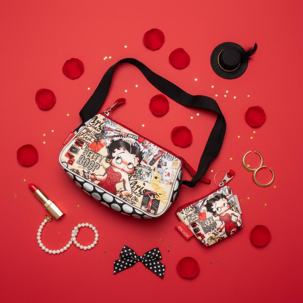 Комплект чанта през рамо и портмоне за монети Betty Boop Perona с колаж – нов