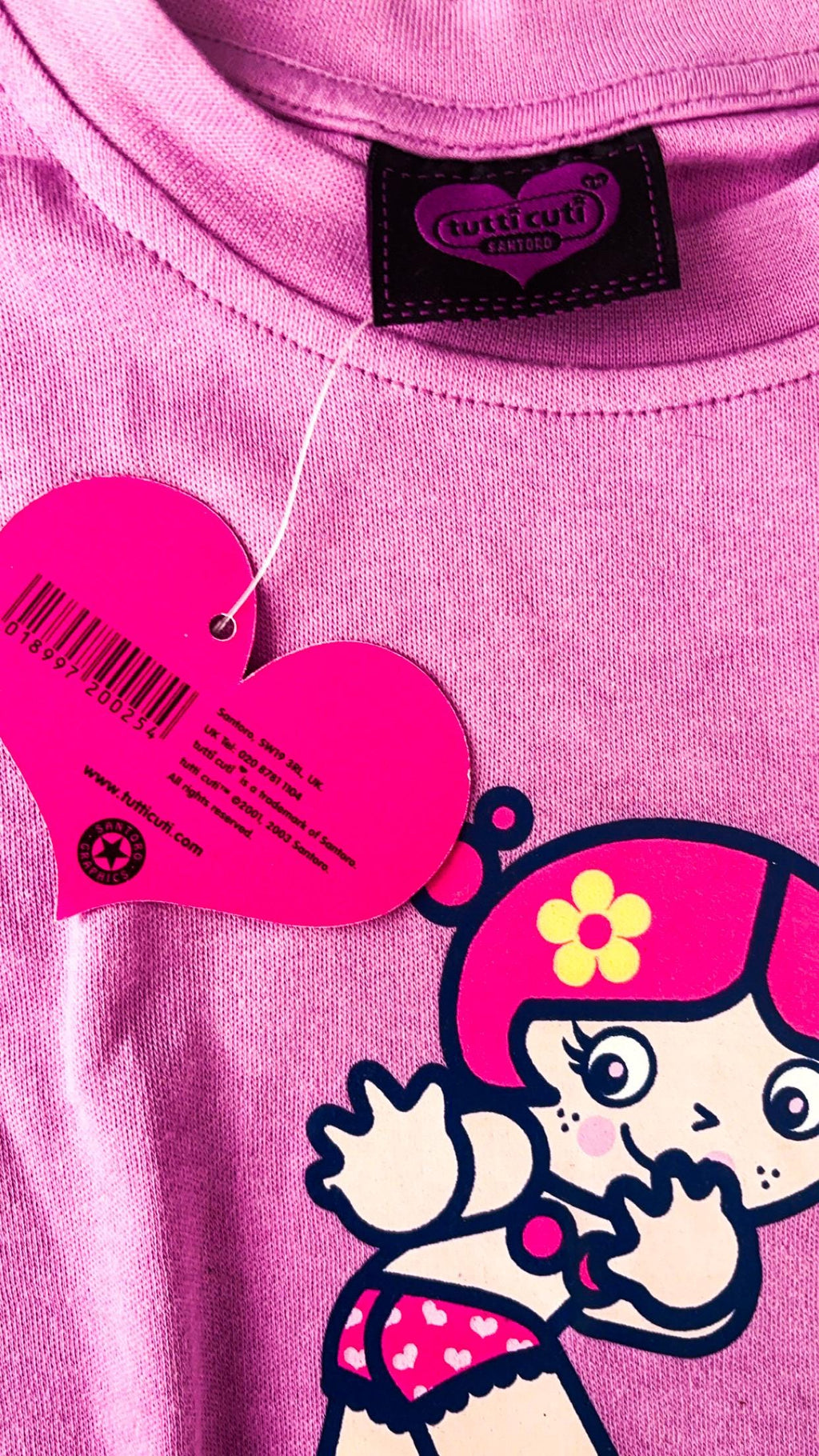 Maglietta rosa Santoro Tutti Cuti con personaggio e cuori (2003) – nuova con cartellino