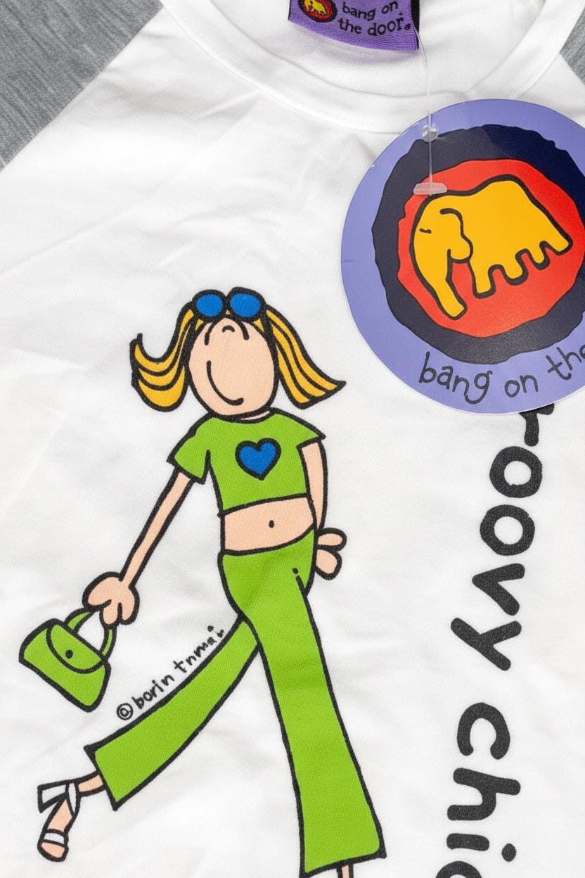 Santoro Groovy Chick T-shirt raglan bianca e grigia (1999) – Nuova con cartellini