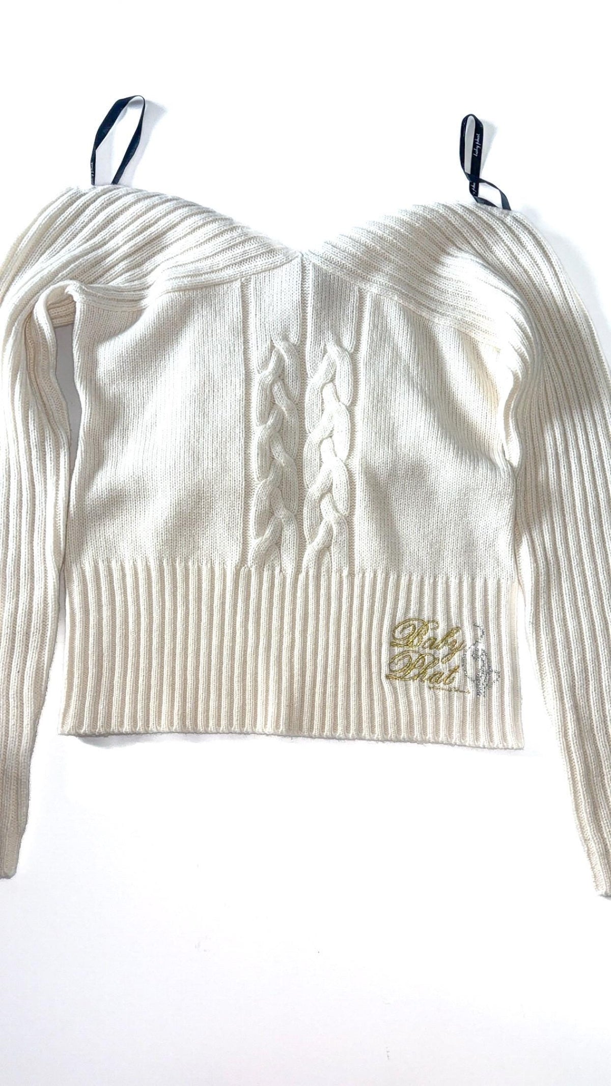 Baby Phat White Cable-Knit Fold-Over Jumper – XL, New Without Tags