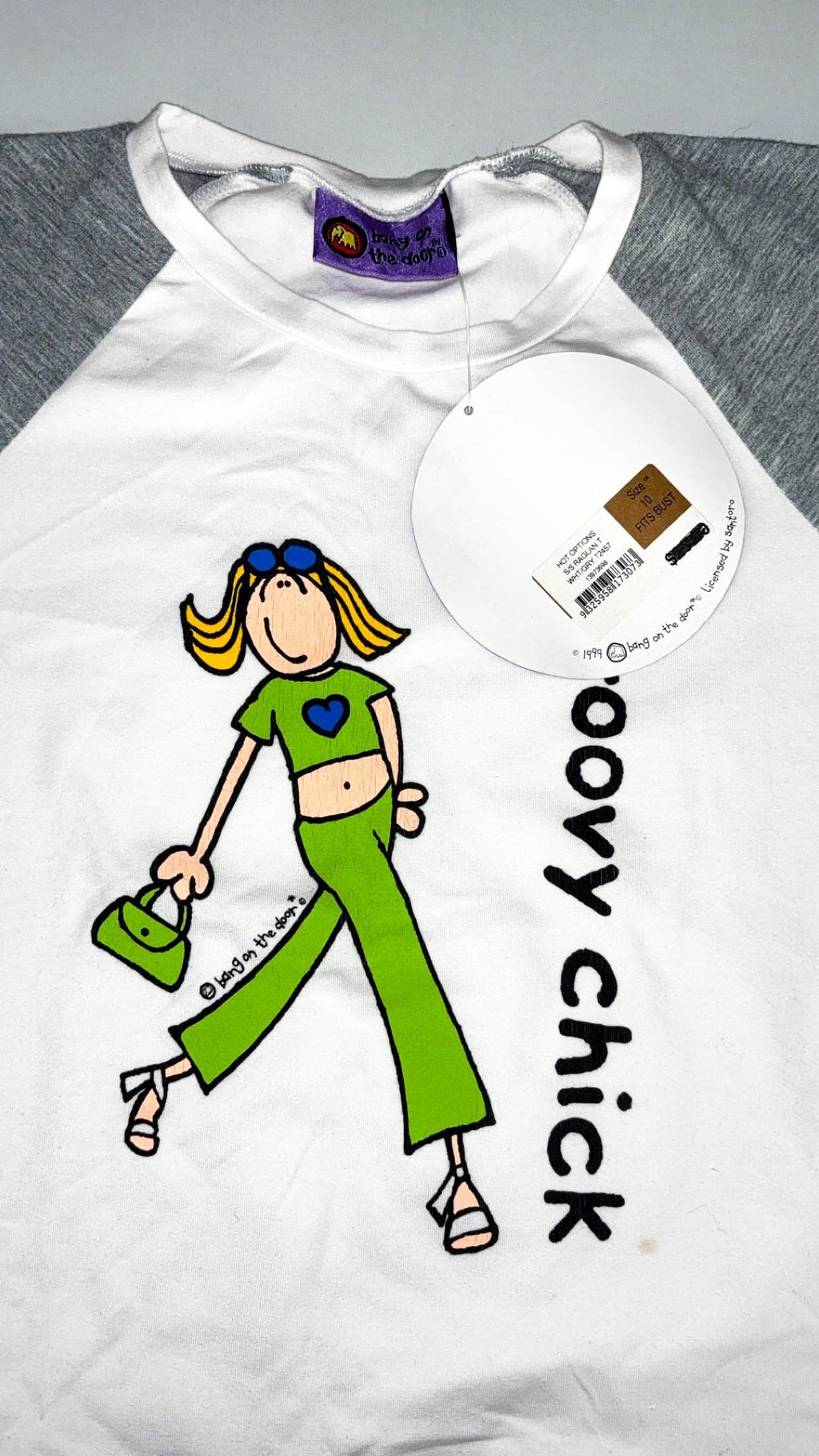 Santoro Groovy Chick T-shirt raglan bianca e grigia (1999) – Nuova con cartellini
