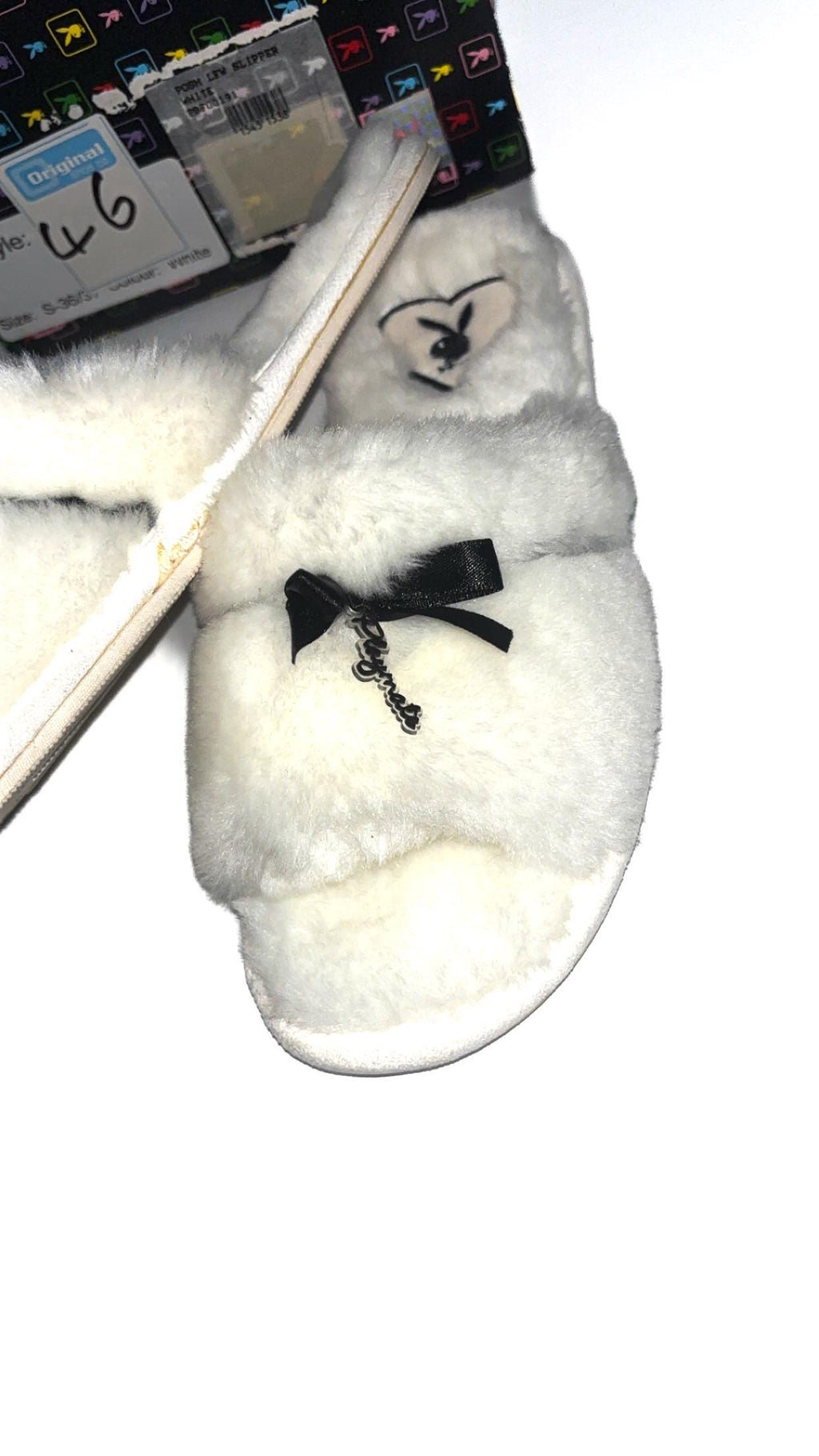 Playboy Posh White Faux Fur Slippers with Black Bows – Size S, New in Box