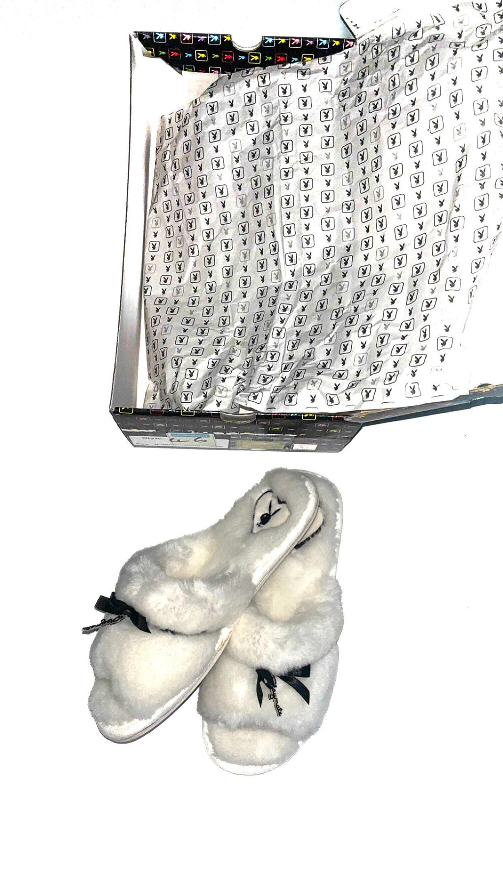 Playboy Posh White Faux Fur Slippers with Black Bows – Size S, New in Box