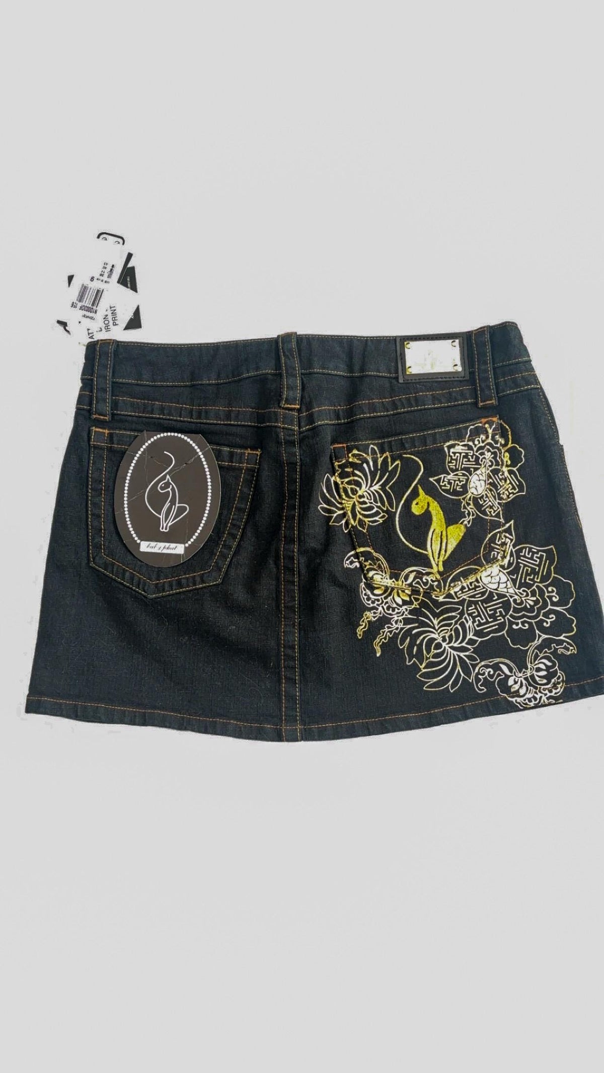 Baby Phat Gold-Embroidered Denim Mini Skirt – UK 14 / US 9, New With Tags