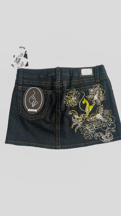 Baby Phat Gold-Embroidered Denim Mini Skirt – UK 14 / US 9, New With Tags