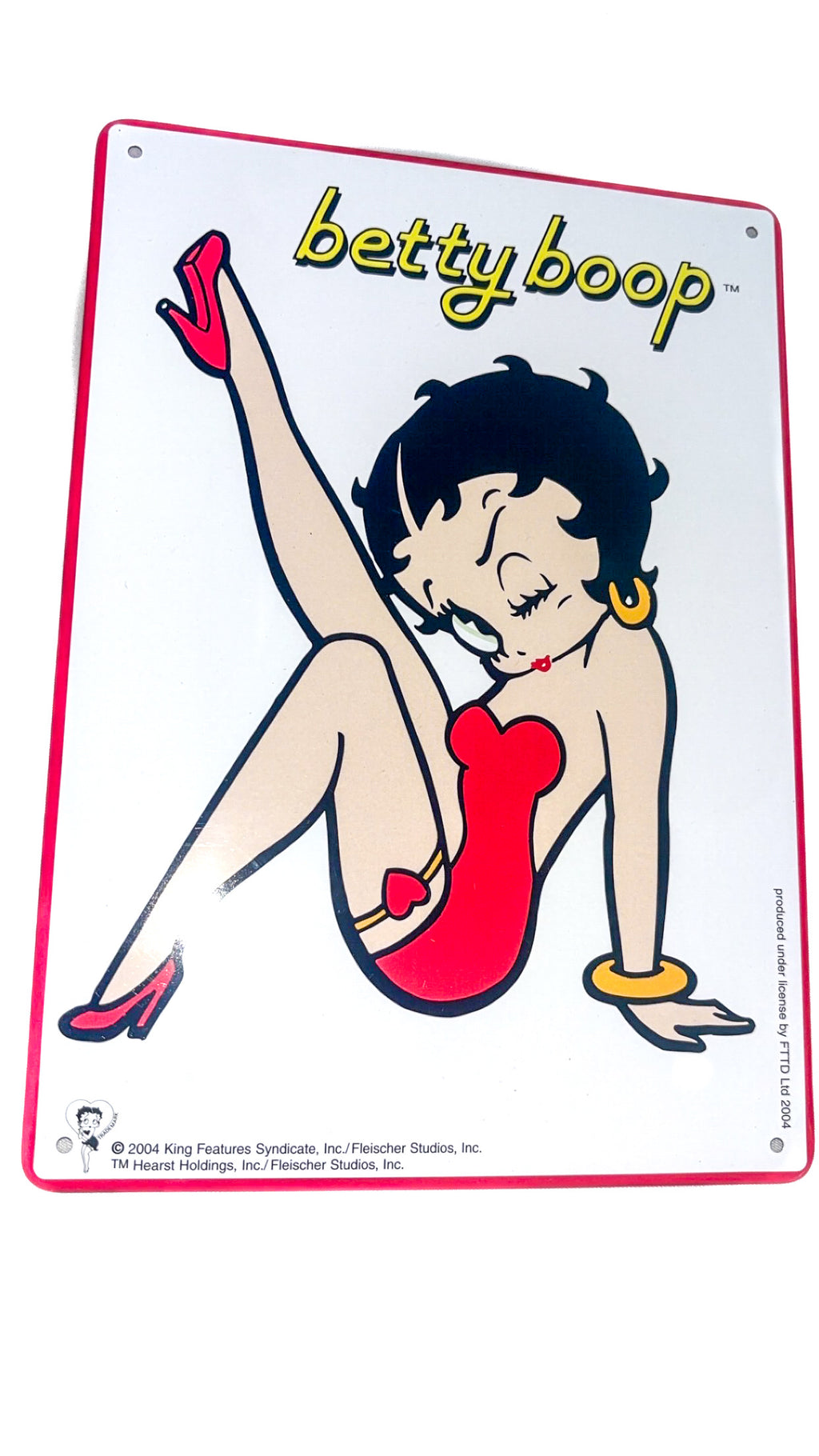 Betty Boop Red Dress Metal Wall Sign – Yellow Lettering