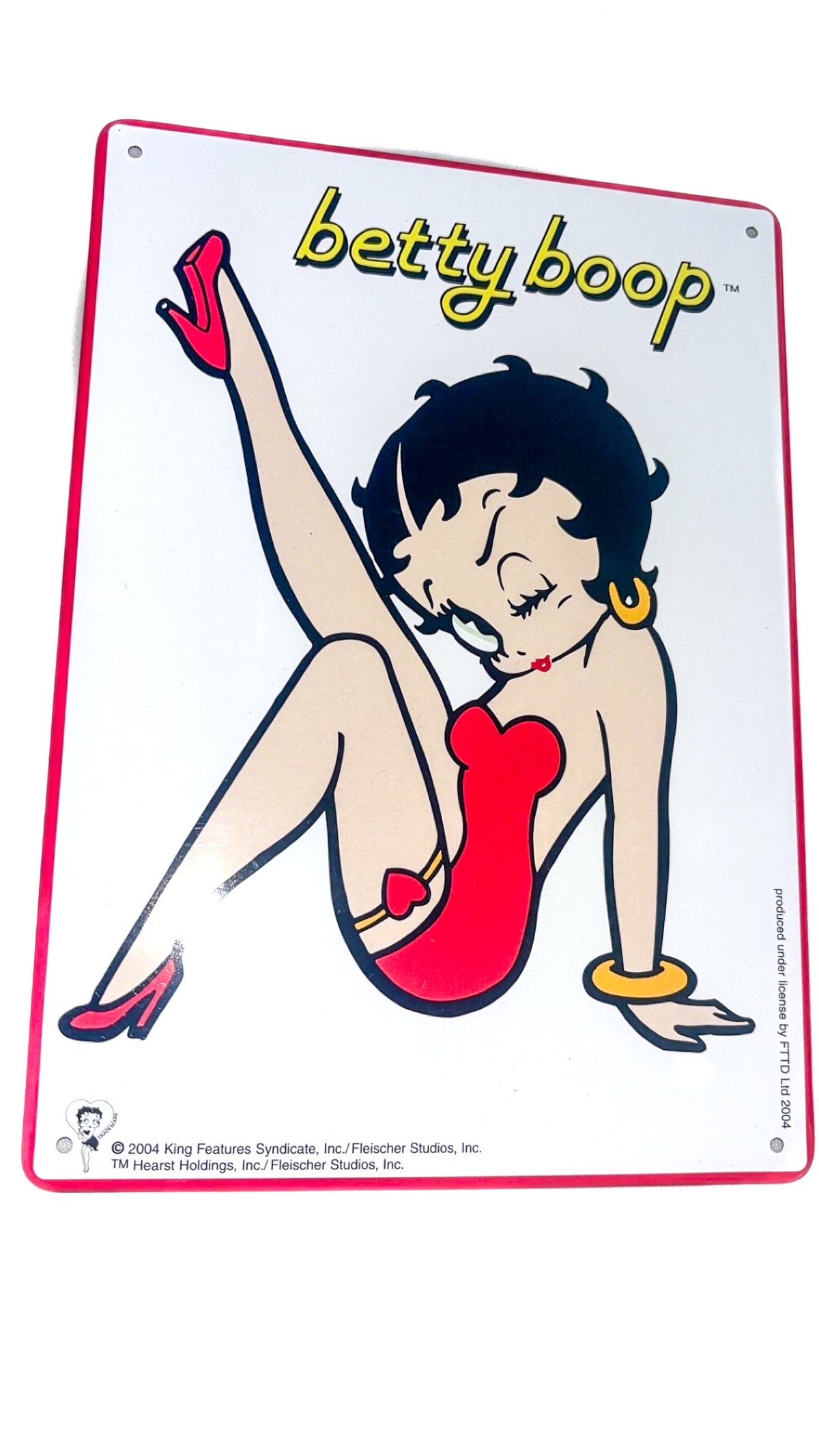 Betty Boop Red Dress Metal Wall Sign – Yellow Lettering