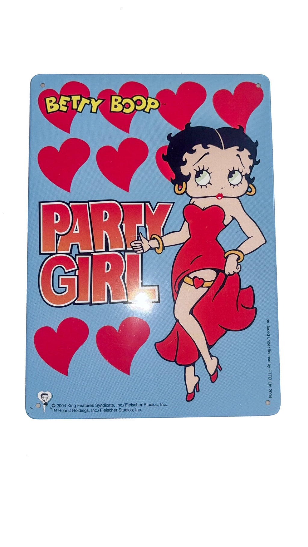 Betty Boop Party Girl Metal Wall Sign – Blue & Red Hearts
