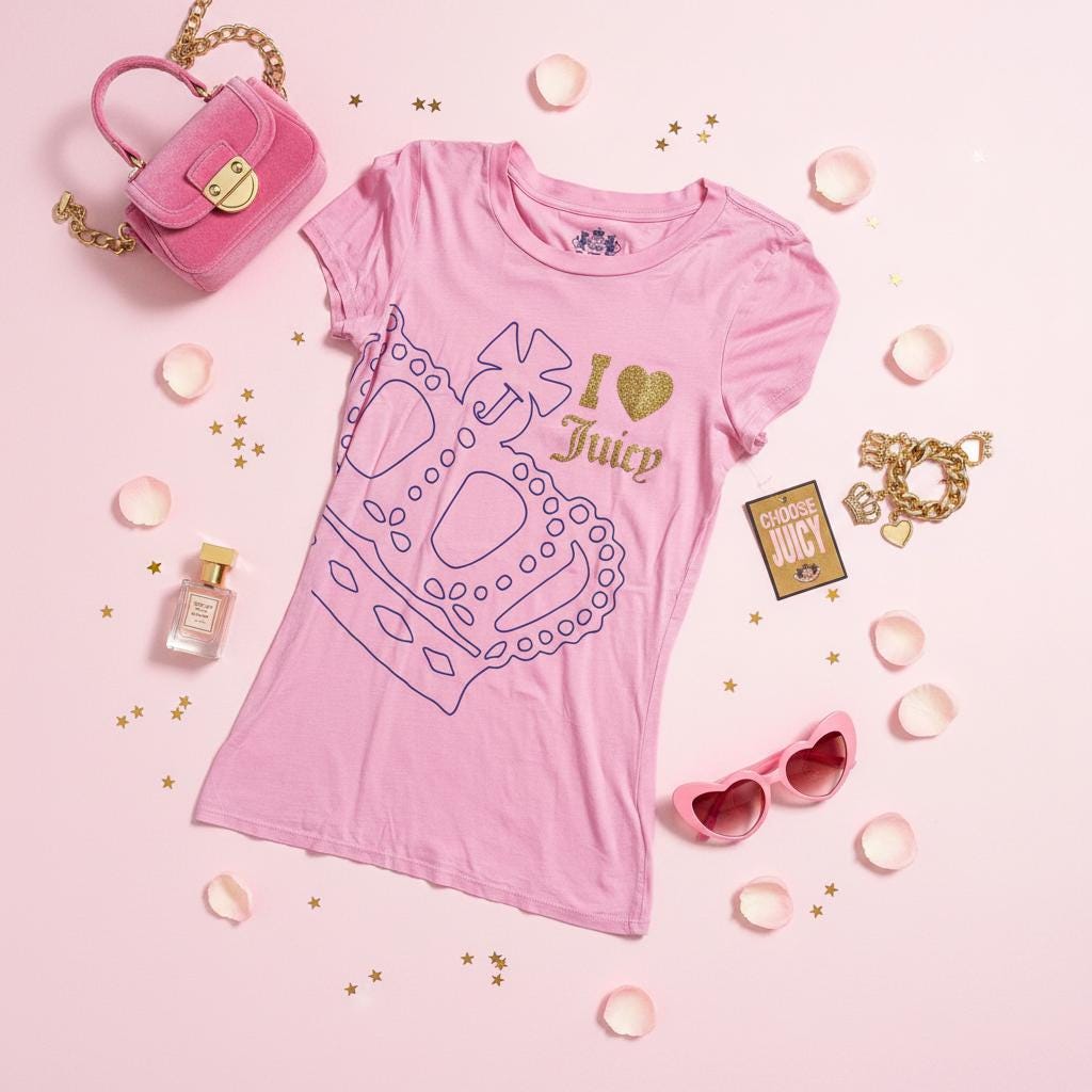 Juicy Couture ピンク “I Love Juicy” グリッタークラウンTシャツ – Mサイズ、タグ付き新品
