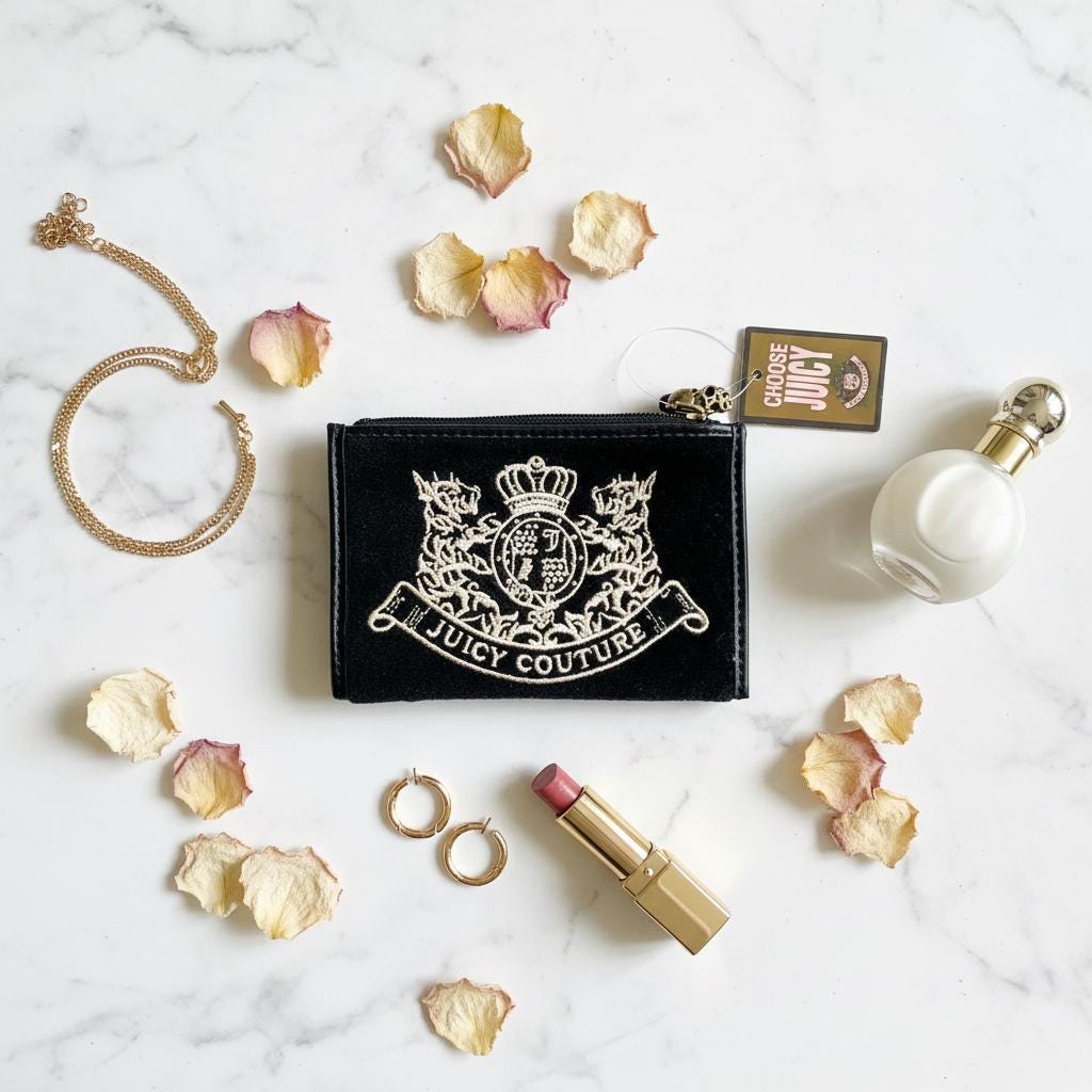 Juicy Couture ブラック ベルーア クレスト コインケース キーリング付き – タグ付き