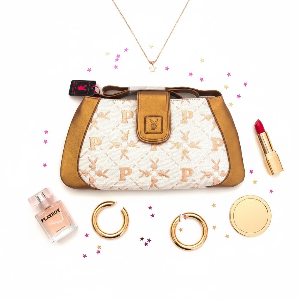 Playboy White & Gold Embroidered Monogram Purse (2010) – New With Tags