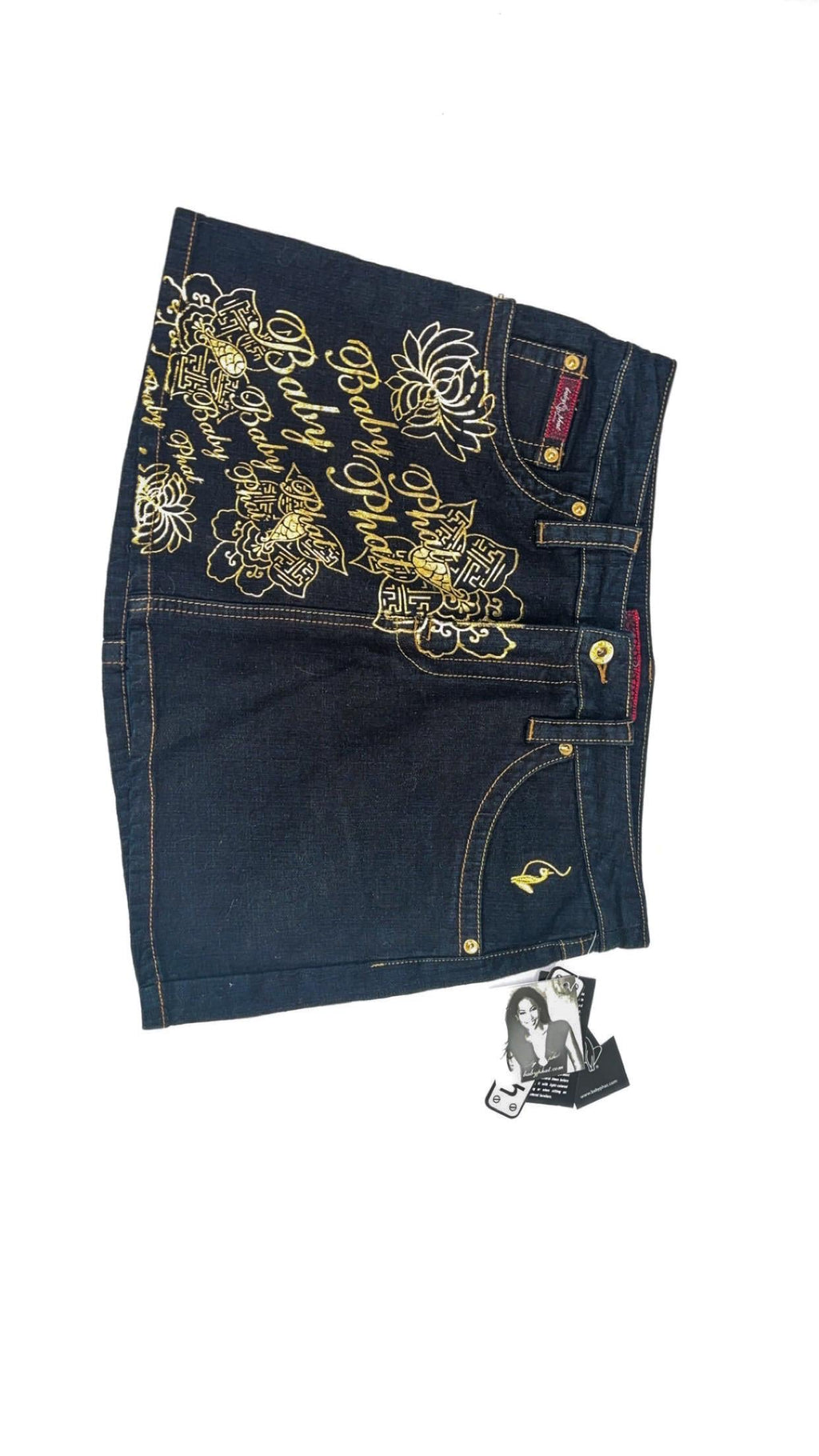 Minifalda vaquera Baby Phat con bordado dorado – UK 14 / US 9, nueva con etiquetas