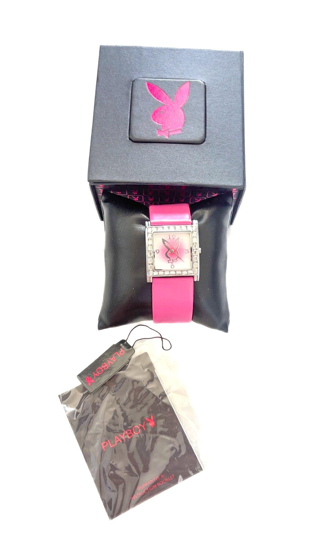 Montre-bracelet rectangulaire Playboy rose à tête de lapin (2004) – Neuve avec étiquettes