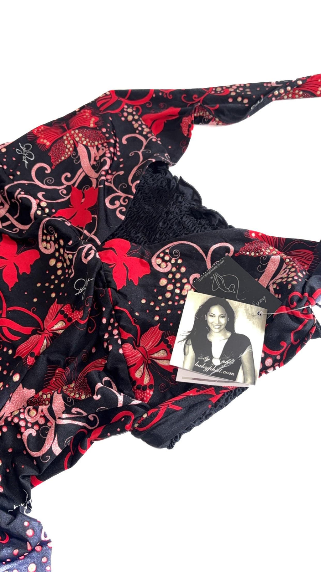 Топ Baby Phat «Rock n Rose» с принтом бабочек и завязками на шее — единый размер, новый с бирками