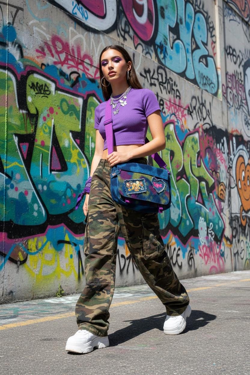 Bratz Camo Messenger -olkalaukku rispaantuneilla paikoilla – uusi ja laput kiinni