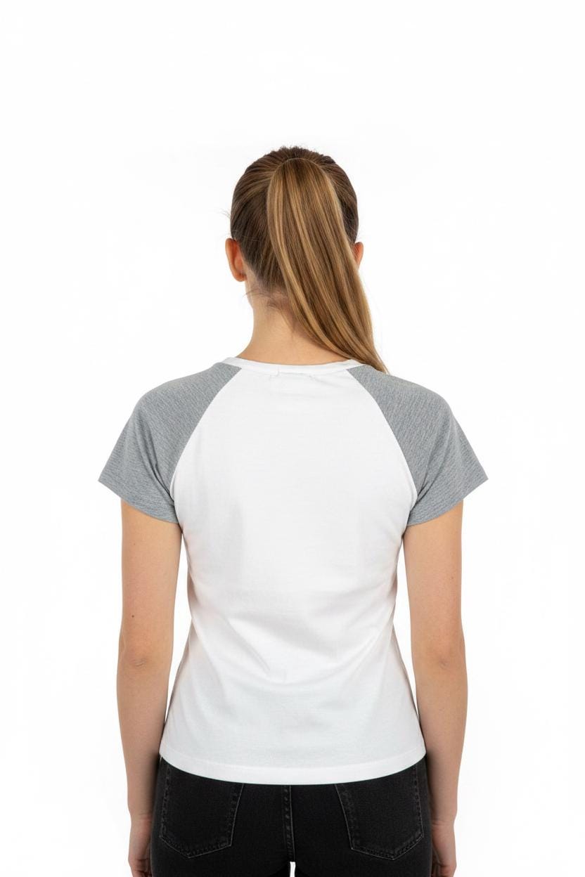 Santoro Groovy Chick T-shirt raglan bianca e grigia (1999) – Nuova con cartellini