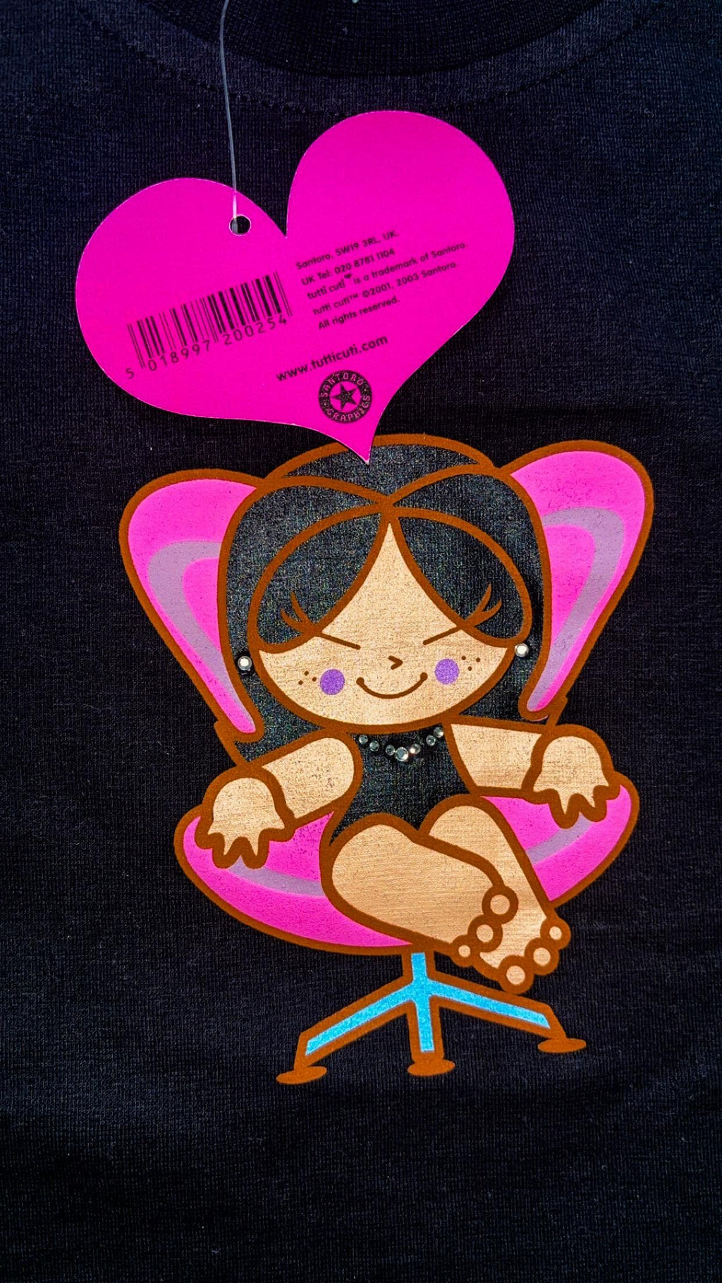 T-shirt nera Santoro Tutti Cuti con cuore di strass (2003) – Nuova con cartellino
