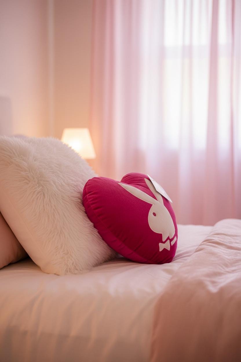 Cuscino Playboy Home rosa acceso in velluto a coste con testa di coniglio e cuore (2009) – Nuovo con etichetta