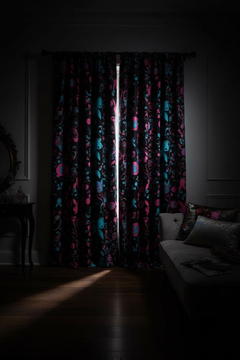 Playboy Home Black, Pink & Aqua Rabbit-Head Curtains – New in Packaging