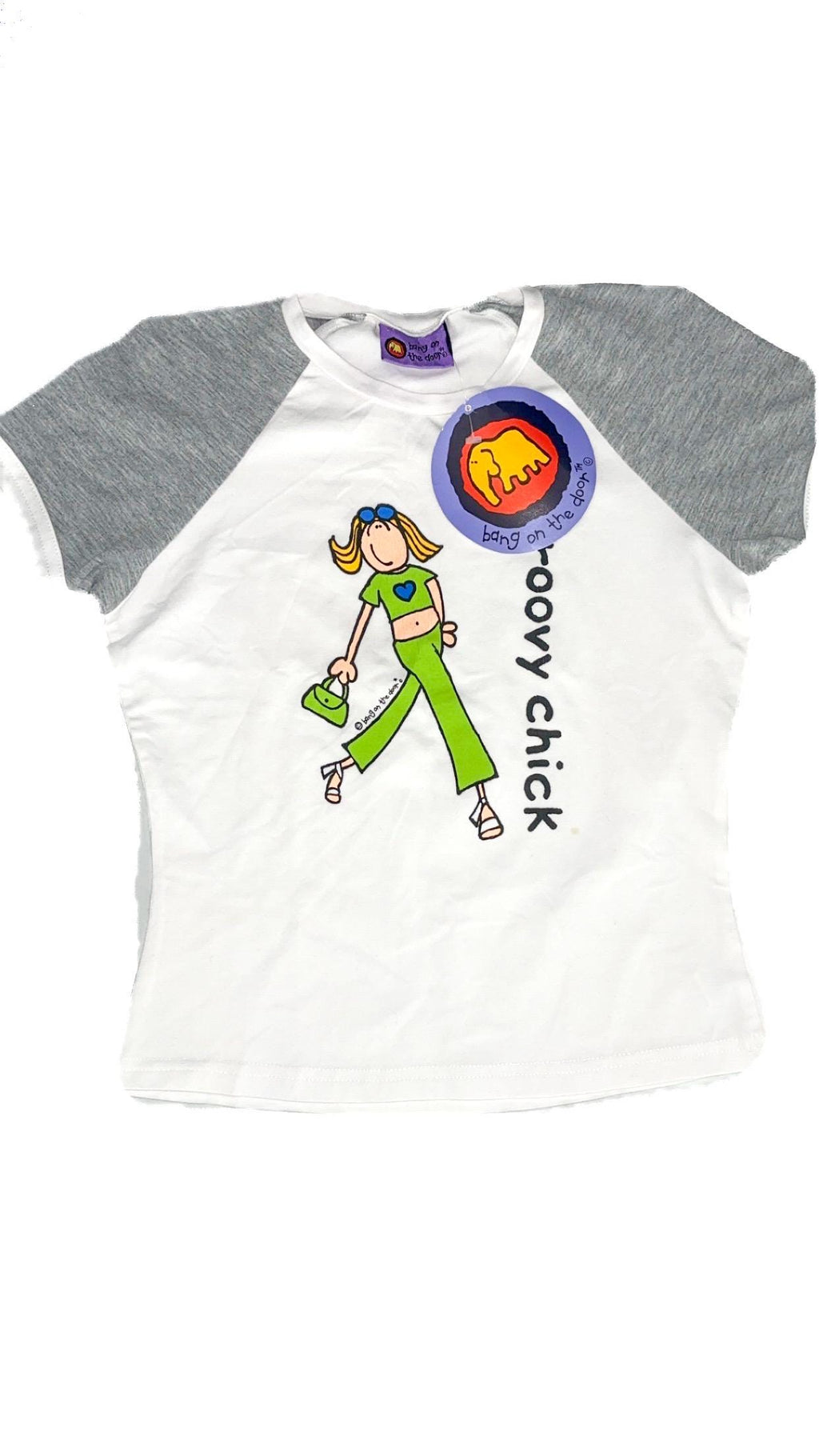 Santoro Groovy Chick T-shirt raglan bianca e grigia (1999) – Nuova con cartellini